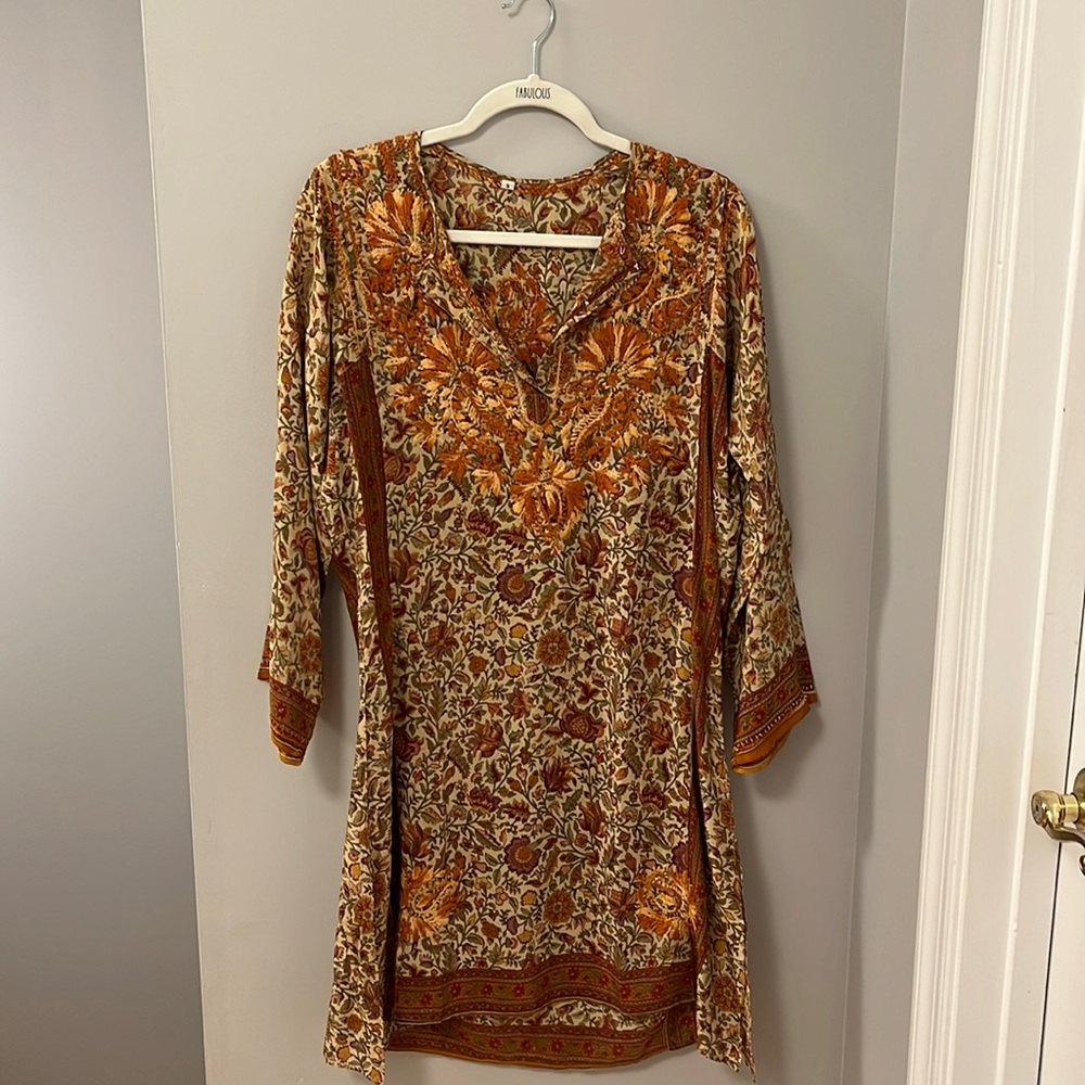 Floral Indian Style Hand Embroidered Tunic/Dress - Size Small